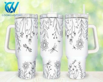 Boho Floral 40oz Tumbler Wrap Png, Black and White Wildflowers 2 pieces 40 oz Tumbler Png, Flowers Tumbler 40oz Png Sublimation Designs