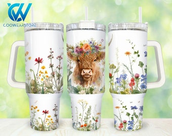 Wildflower Highland Cow 40oz Tumbler Wrap Png, Boho Floral Highland Cow 2 pieces 40 oz Tumbler Png,Highland Cow 40oz Tumbler Png Sublimation