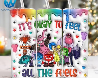 Cartoon Characters 3D Inflated 20 oz Skinny Tumbler Png, Cartoon Emotions 20oz Tumbler Png,Movies Characters 20oz Tumbler Wrap,Mental Health