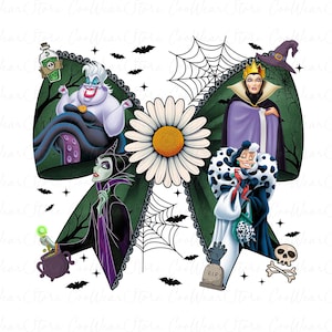 May include: A digital image of a green bow shape with four Disney villains: Ursula, Maleficent, the Evil Queen, and Cruella de Vil. A large daisy is in the centre. Bats, spiderwebs, and other spooky elements are included.