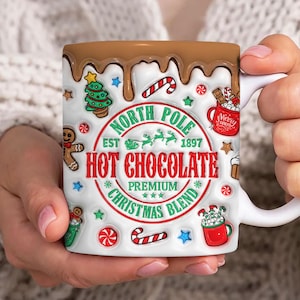 Heiße Schokolade aufgeblasene 3D-Becherverpackung, 11 Unzen und 15 Unzen Bechervorlage, Weihnachten 11 Unzen Becher Png, 15 Unzen Becher Png, 3D-Becher-Design, Kaffeetassen