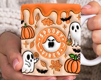 Spooky Vibes 3D Inflated Mug Wrap, Fall 11oz & 15oz Mug Template, Halloween 3D Puff 11oz Mug Png, 15oz Mug Png, Mug Designs, Coffee Mugs