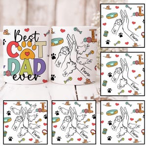 May include: Two white ceramic mugs with a cat paw print design. One mug says "Best Cat Dad Ever" in colorful letters. The other mug has a paw print design with the words "Cat" and "Name" repeated around the paw print.