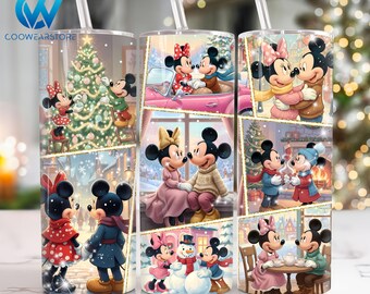May include: A cylindrical tumbler with a clear straw featuring a collage of Mickey and Minnie Mouse in various winter and holiday scenes, including decorating a Christmas tree, driving a pink car, building a snowman, and drinking tea.