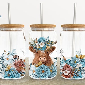 Highland Cow 16oz Glass Can Wrap, Highland Cow Floral 16 oz Glass Can Png, Cow Floral 16 oz Libbey Glass Can Wrap, 16 oz Tumbler Wrap Png