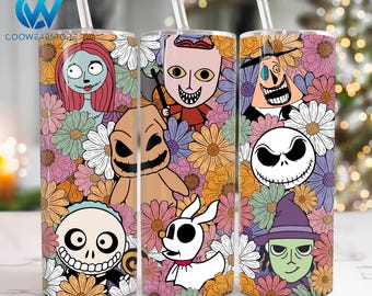 Floral Horror Characters 20 oz Skinny Tumbler Sublimation Design, Halloween Movies 20oz Skinny Tumbler Png, Straight and Taper Tumbler Wrap