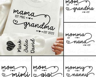 Custom Mama Heart With Kids Name Png, Happy Mother's Day Png, Custom Mama Est Png, Custom Kids Names Png, Mother's Day Png, Name on Sleeve