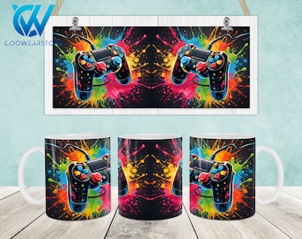 Envoltório de caneca de jogador, modelo de caneca de 11 onças e 15 onças, controlador de jogo caneca de 11 onças png, caneca de 15 onças png, designs de canecas, canecas de café, design de sublimação de caneca