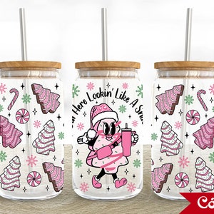 Christmas Tree Cakes 16oz Glass Can Wrap, Pink Christmas 16 oz Glass Can Png, Christmas 16 oz Libbey Glass Can Wrap, 16 oz Tumbler Wrap Png