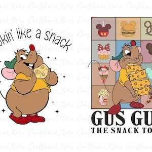 May include: A cartoon illustration of a brown mouse holding a stack of cheese. The mouse is wearing a yellow shirt and a green hat. The text "Gus Gus The Snack Tour" is written in black letters below the mouse.