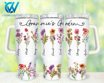 Grammie's Garden 40oz Tumbler Wrap Png, niestandardowy miesiąc urodzenia kwiatowy mama 2 sztuki 40 oz Tumbler Png, Dzień Matki 40oz Tumbler Png Sublimacja