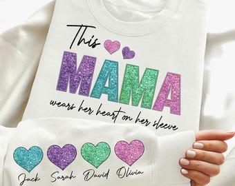 Custom Glitter Mama Heart With Kids Name Png, Happy Mother's Day Png, Custom Mama Png, Custom Kids Names Png,Mother's Day Png,Name on Sleeve