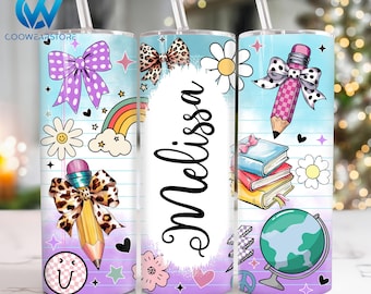 Custom Name Teacher 20 oz Skinny Tumbler Png, Coquette Bow Teacher 20oz Tumbler Png, Teacher Life Tumbler Png, Teacher 20oz Tumbler Wrap Png