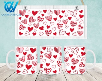 Involucro per tazza a cuore di San Valentino, modello tazza da 11 once e 15 once, Png tazza di San Valentino da 11 once, Png tazza da 15 once, Disegni di tazze, Tazze da caffè, Design di sublimazione della tazza