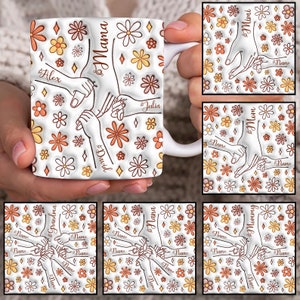 Personalizado até 6 crianças segurando a mão da mãe embrulho de caneca inflada 3D, modelo de caneca de 11 onças, caneca de 11 onças da mamãe png, canecas de café da mãe, design de sublimação de caneca