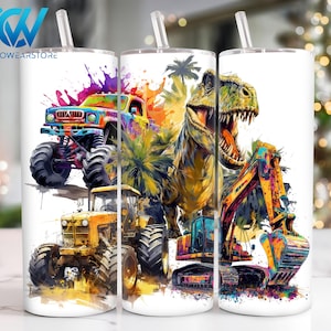 Dinosaurs and Truck 20 oz Skinny Tumbler Sublimation, Watercolor Dinosaur 20oz Skinny Tumbler Png, Dinosaur Straight and Taper Tumbler Wrap