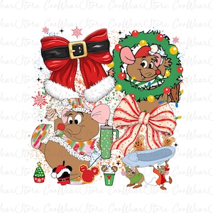 May include: A festive illustration featuring cartoon mice and holiday elements. A large red Santa-style bow with a gold buckle is at the top. Other elements include a mouse in a wreath, a bow with gingerbread men, and a mouse with a drink.