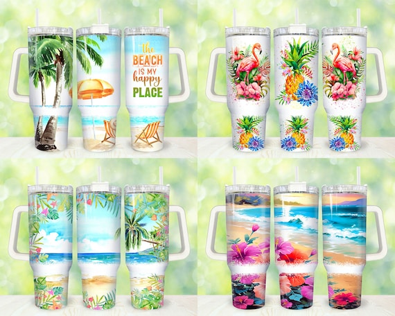 Summer Beach 40oz Tumbler Wrap Png, Tropical Beach 2 pieces 40 oz Tumbler Png, Tropical Floral 40oz Tumbler Png Sublimation Designs