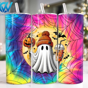Halloween 20 oz Skinny Tumbler Png, Halloween Ghost Tie Dye 20oz Skinny Tumbler Wrap Png, Halloween Horror Straight and Taper Tumbler Wrap
