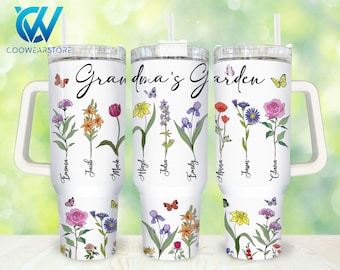 Grandma's Garden 40oz Tumbler Wrap Png, niestandardowy miesiąc urodzenia kwiatowy mama 2 sztuki 40 oz Tumbler Png, Dzień Matki 40oz Tumbler Png Sublimacja