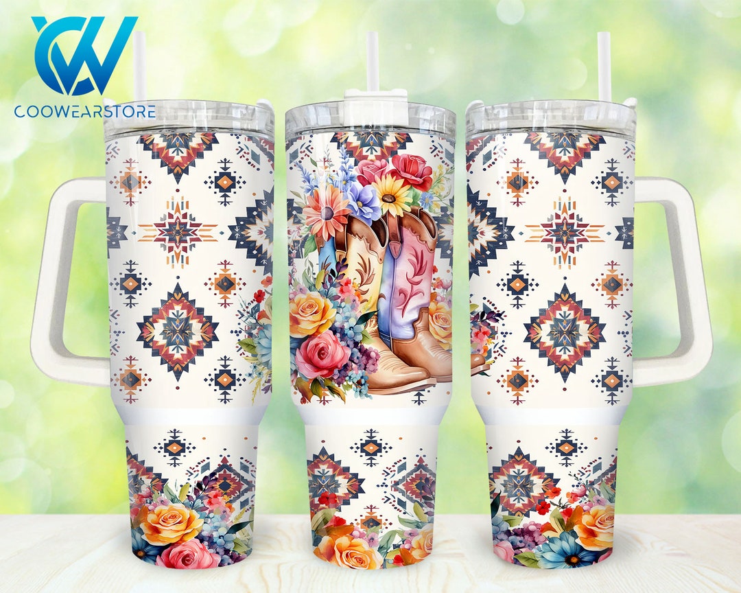 Cowgirl Boots 40oz Tumbler Wrap Png, Western Aztec Flowers 2 Pieces 40 ...