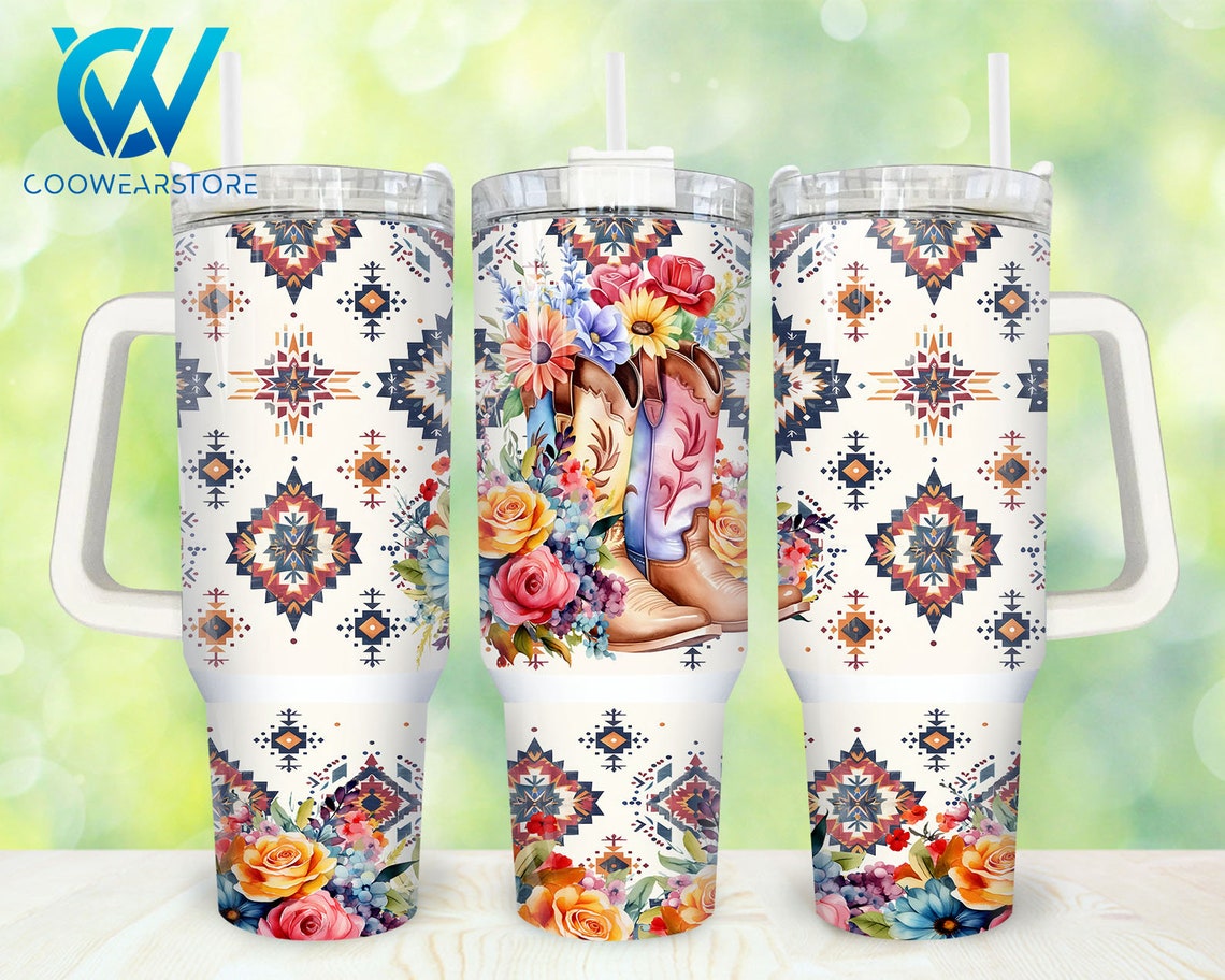 Cowgirl Boots 40oz Tumbler Wrap Png, Western Aztec Flowers 2 Pieces 40 ...