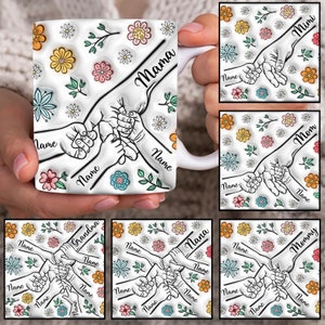 Personalizado até 6 crianças segurando a mão da mãe 3D caneca inflável Wrap, 11oz caneca modelo, Mama 11oz caneca Png, canecas de café da mãe, caneca de sublimação Design