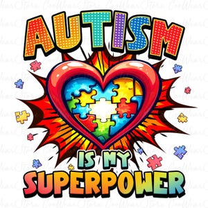 Puede incluir: Un diseño gráfico colorido con la palabra "AUTISMO" en letras arcoíris y un corazón rojo con un diseño de pieza de rompecabezas en su interior. El texto "ES MI SUPERPODER" está debajo del corazón en letras arcoíris.