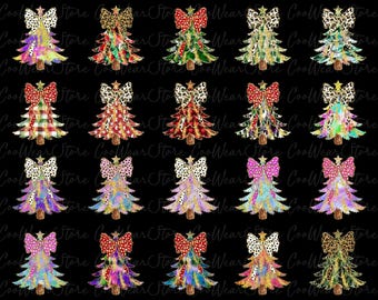 Pack 20 Colorful Coquette Glitter Christmas Tree Png, Girly Christmas Tree Png, Bright Color Christmas Coquette Bow Dalmatian Dots Png