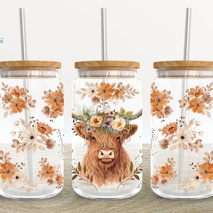 Highland Cow 16oz Glass Can Wrap, Highland Cow Floral 16 oz Glass Can Png, Cow Floral 16 oz Libbey Glass Can Wrap, 16 oz Tumbler Wrap Png