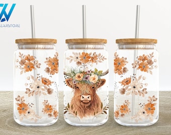 Highland Kuh 16 Unzen Glasdosenverpackung, Highland Cow Floral 16 Unzen Glasdose Png, Kuh Floral 16 Unzen Libbey Glasdosenverpackung, 16 Unzen Becherverpackung Png