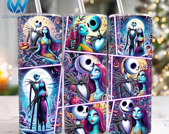 Movies Horror Characters 20 oz Skinny Tumbler Sublimation Design, Halloween Couple 20oz Skinny Tumbler Png, Straight and Taper Tumbler Wrap