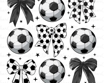May include: A set of six black and white digital clipart images featuring footballs and bows. The footballs have a black and white pattern. The bows are black, white, and black and white patterned.
