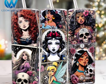 Diseño de sublimación de vaso delgado de 20 oz con personajes de terror, vaso delgado de 20 oz con princesa de Halloween, envoltura de vaso de 20 oz de Halloween