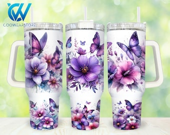 Floral Butterfly 40oz Tumbler Wrap Png, Butterfly 2 pieces 40 oz Tumbler Png, Purple Flowers Tumbler 40oz Png Sublimation Designs