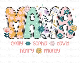 Custom Floral Mama Png, Preppy Mama Floral Glitter Png, Happy Mother's Day Png, Mother's Day Gift, Mama with Kids Names Png, Mama Flower Png