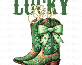 St. Patricks Day Lucky Girl Png, Retro St.Patricks Day Png, St.patricks Day Coquette Bow Png, St.Patricks Png, Shamrock png, Cowgirl Boots