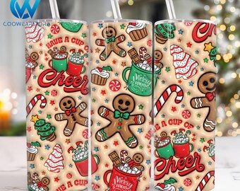 3D Inflated Christmas 20 oz Skinny Tumbler Sublimation Design, Merry Christmas 20oz Tumbler Png, 3D Christmas Gingerbread 20oz Tumbler Wrap