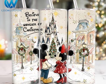 May include: Three stainless steel tumblers with straws, depicting a winter scene with Mickey and Minnie Mouse in front of a castle. The tumblers have the text "Believe in the Wonder of Christmas" and are decorated with snowflakes and stars.