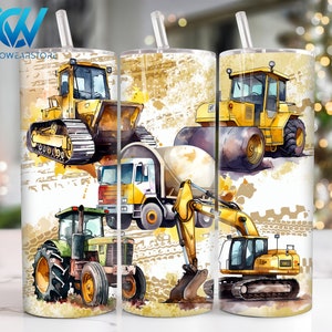 May include: A white tumbler with a watercolor design of various construction vehicles. The vehicles are yellow and include a bulldozer, a tractor, a cement mixer, a steamroller, and an excavator. The background is a white and yellow watercolor wash.