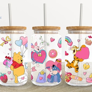 Cartoon Valentines Day 16oz Glass Can Wrap, Valentines 16 oz Glass Can Png, Cartoon 16 oz Libbey Glass Can Wrap, 16 oz Tumbler Wrap Png