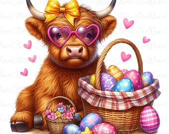 Easter Bunny Highland Cow Png, Happy Easter Png, Retro Easter Png, Easter Bunny Png, Easter Eggs Png, Easter Highland Cow Png, Easter Cow