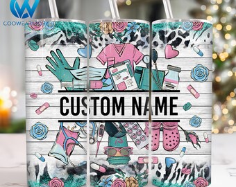 Custom Name Nurse 20 oz Skinny Tumbler Sublimation, Western Nurse 20oz Tumbler Png, Nurse Life Straight and Taper Tumbler Wrap