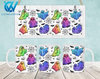 Halloween Ghost 3D Inflated Mug Wrap, Ghost 11oz & 15oz Mug Template, Halloween 3D Puff 11oz Mug Png, 15oz Mug Png, Mug Designs, Coffee Mugs