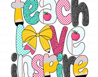 Preppy Teacher Png, Teach Love Inspire Png, Boho Teacher Png, Teacher Pencil Bow Png, Teacher Life Png, Teacher Appreciation, Retro Teacher