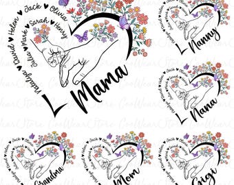 Corazón de mamá floral personalizado con nombre de niño Png, Feliz día de la madre Png, Corazón de abuela personalizado Png, Nombre de nieto personalizado Png, Día de la madre Png