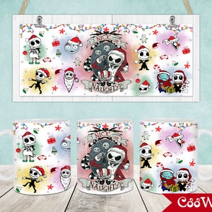 May include: White ceramic mug with a colorful design featuring Jack Skellington and Sally from The Nightmare Before Christmas. The mug has a festive Christmas theme with candy canes, snowflakes, and Christmas lights. The text "Nice or Naughty?" is featured on the mug.