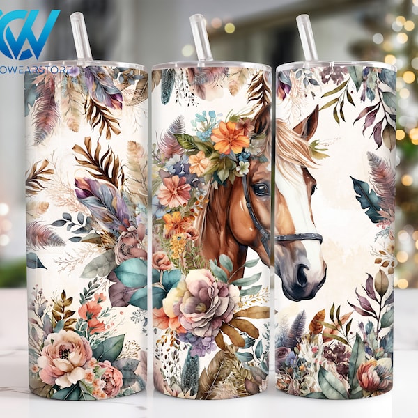 Boho Floral Horse 20 oz Skinny Tumbler Sublimation Design, Floral Horse 20oz Tumbler Png, Horse Lovers Straight and Taper Tumbler Wrap