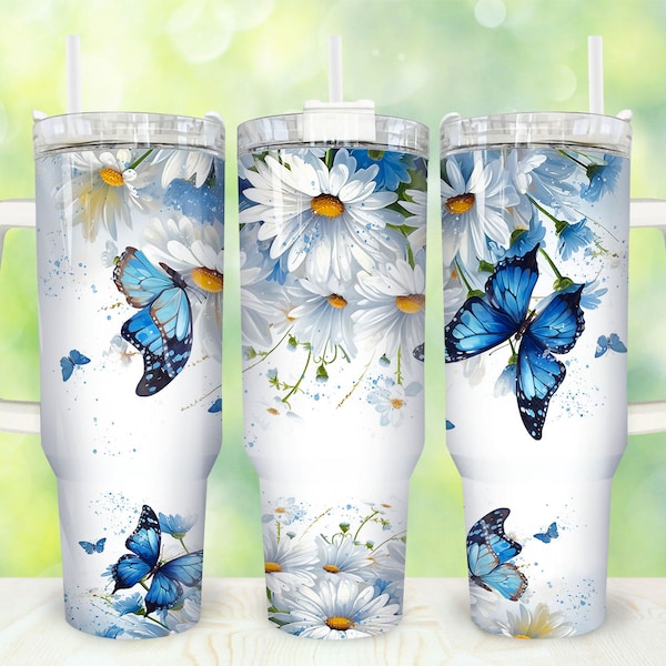 Blue Daisy and Butterfly 40oz Tumbler Wrap Png, Daisies Butterflies 2 pieces 40 oz Tumbler Png, Floral 40oz Tumbler Png Sublimation Designs