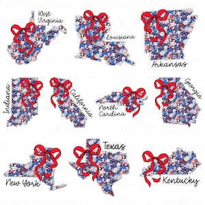 Könnte beinhalten: Neun Bundesstaaten-Umrisse mit floralen Mustern in Rot, Weiß und Blau, jeweils mit einer roten Schleife verziert. Staaten sind West Virginia, Louisiana, Arkansas, Indiana, Kalifornien, North Carolina, Georgia, New York, Texas und Kentucky.